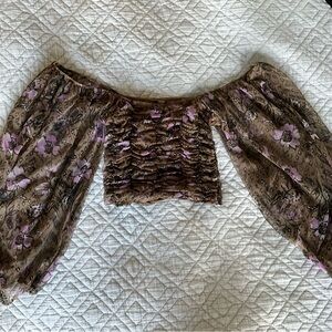 Free People Lilia Puff Sleeve Top Olive/Brown/ Lavender Combo